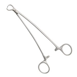 High-grade stainless steel elongated Backhaus towel clamp with long shanks, sharp inward-curving jaws, and a locking ratchet mechanism, isolated on a white background.