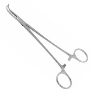 Medical-grade stainless steel Rochester-Pean hemostatic forceps with curved, fully serrated jaws and a locking ratchet mechanism, isolated on a white background.