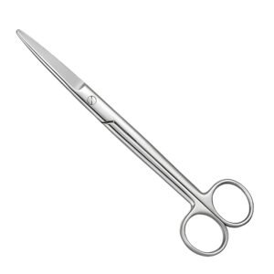 Medical-grade stainless steel straight operating scissors featuring dual rounded blunt tips and a polished screw pivot joint, isolated on a white background.