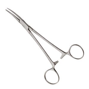 Medical-grade stainless steel Halsted Mosquito hemostatic forceps with curved, finely serrated jaws and a box joint ratchet mechanism, isolated on a white background.