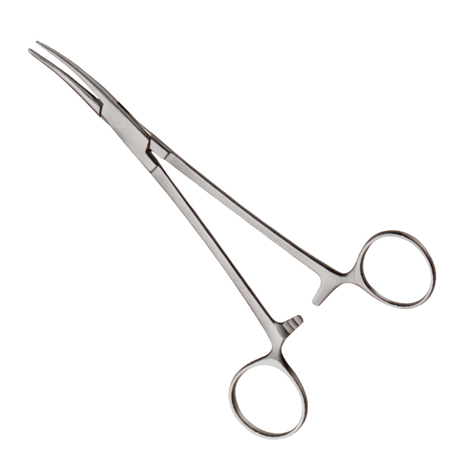 Medical-grade stainless steel Halsted Mosquito hemostatic forceps with curved, finely serrated jaws and a box joint ratchet mechanism, isolated on a white background.