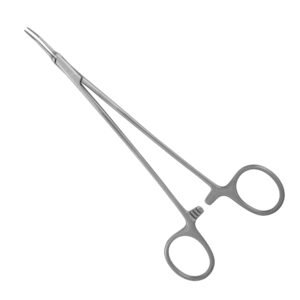 Medical-grade stainless steel Kelly hemostatic forceps with curved jaws featuring half-length serrations and a locking ratchet handle, isolated on a white background.
