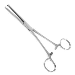 Medical-grade stainless steel straight Kocher Ochsner hemostatic forceps featuring fully serrated jaws with 1x2 interlocking teeth at the tips and a ratchet lock, isolated on a white background.