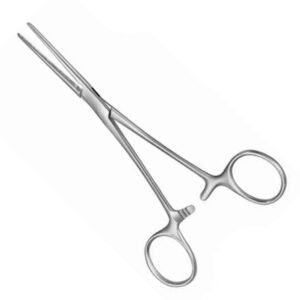 Medical-grade stainless steel straight Rochester-Carmalt hemostatic forceps featuring longitudinal jaw serrations and a locking ratchet handle, isolated on a white background.