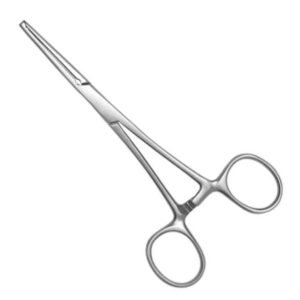 Medical-grade stainless steel straight Rochester-Pean hemostatic forceps featuring fully serrated jaws and an integrated locking ratchet handle, isolated on a white background.