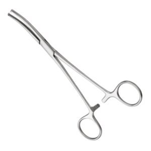 Medical-grade stainless steel curved Kocher Ochsner hemostatic forceps featuring fully serrated jaws with interlocking 1x2 teeth at the tips and a ratchet lock, isolated on a white background.