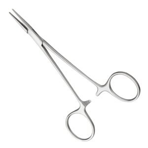 Medical-grade stainless steel Halsted Mosquito hemostatic forceps with straight, finely serrated jaws and a box joint ratchet mechanism, isolated on a white background.