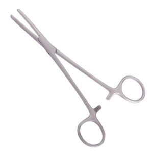 Medical-grade stainless steel straight Rochester-Pean hemostatic forceps featuring fully serrated jaws and an integrated locking ratchet handle, isolated on a white background.