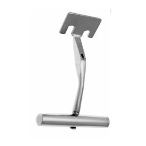 A specialized T-handle spinal retractor with a modular locking shaft and a wide, slotted rectangular blade attachment, displayed in the image Surgical Instruments (2).jpg on a solid white background.