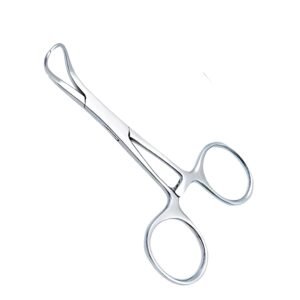 Medical-grade stainless steel Lorna non-perforating towel clamp with wide, flat, blunted tips and a ratchet lock, isolated on a white background.
