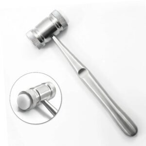 Medical-grade stainless steel surgical mallet with a solid handle and textured, knurled bands securing interchangeable white nylon striking faces, isolated on a white background with a close-up inset.
