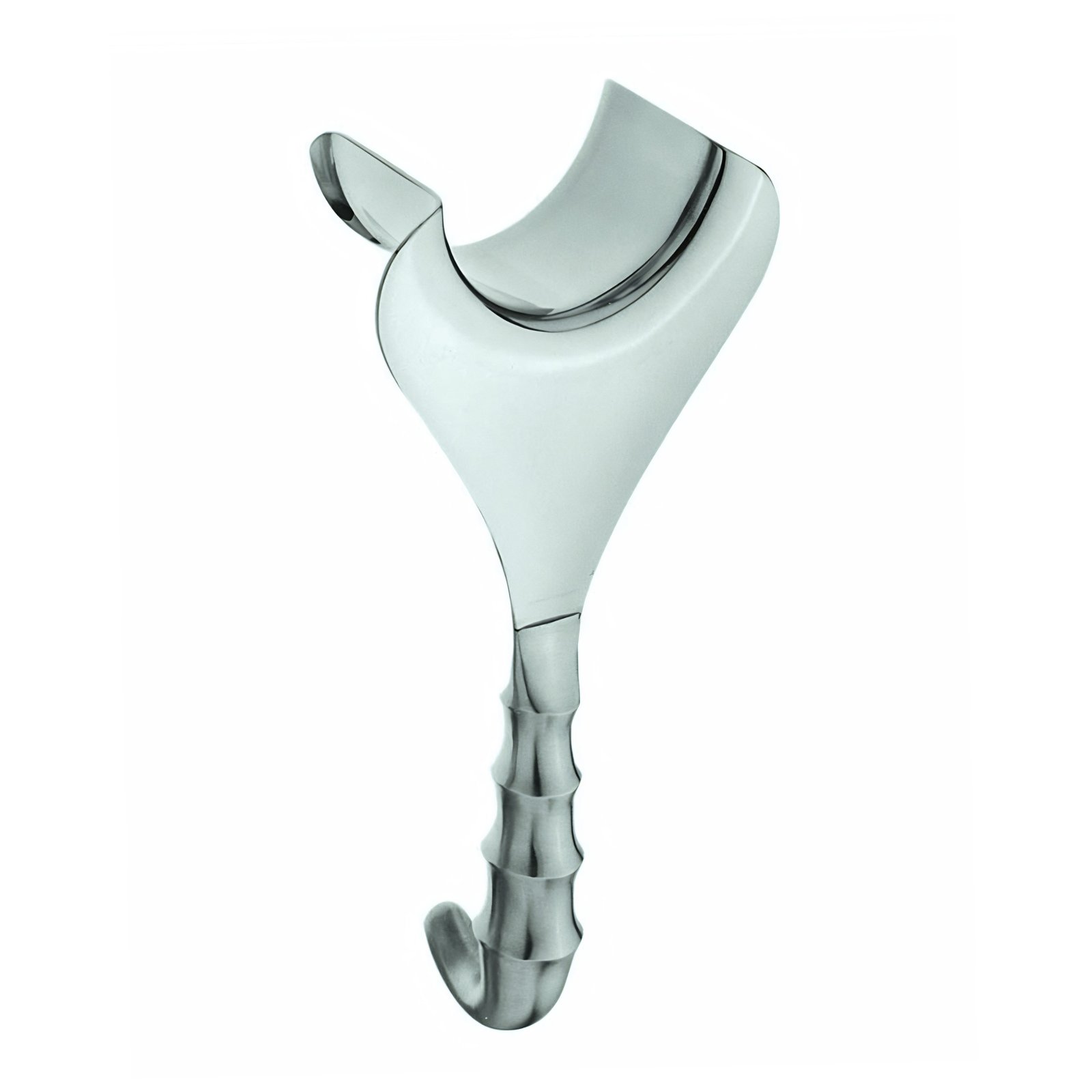 Stainless steel Auvard vaginal speculum with a weighted, textured handle and a wide, curved blade, isolated on a white background.