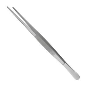 Standard straight dressing forceps featuring a ribbed grip handle and serrated tips, made of high-quality surgical stainless steel.